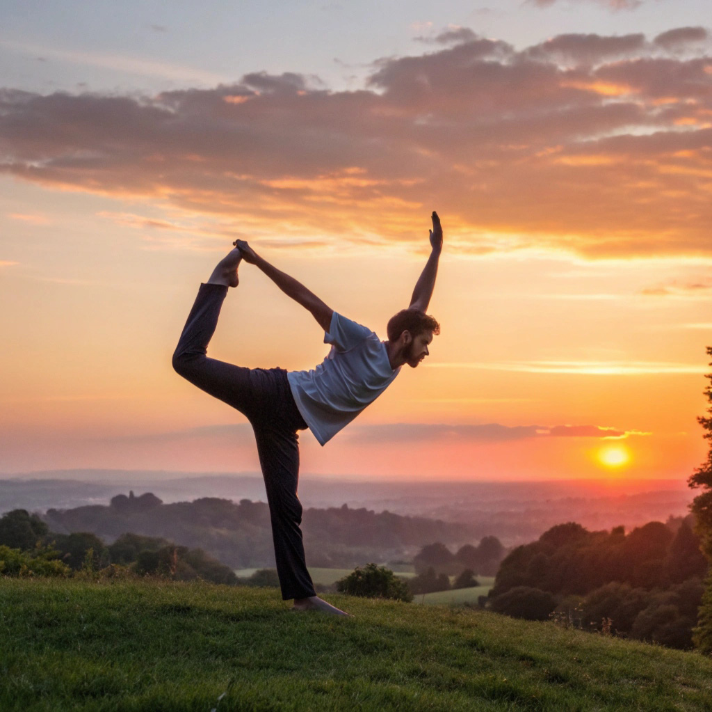 Deltager der udfører yoga ved solnedgang
