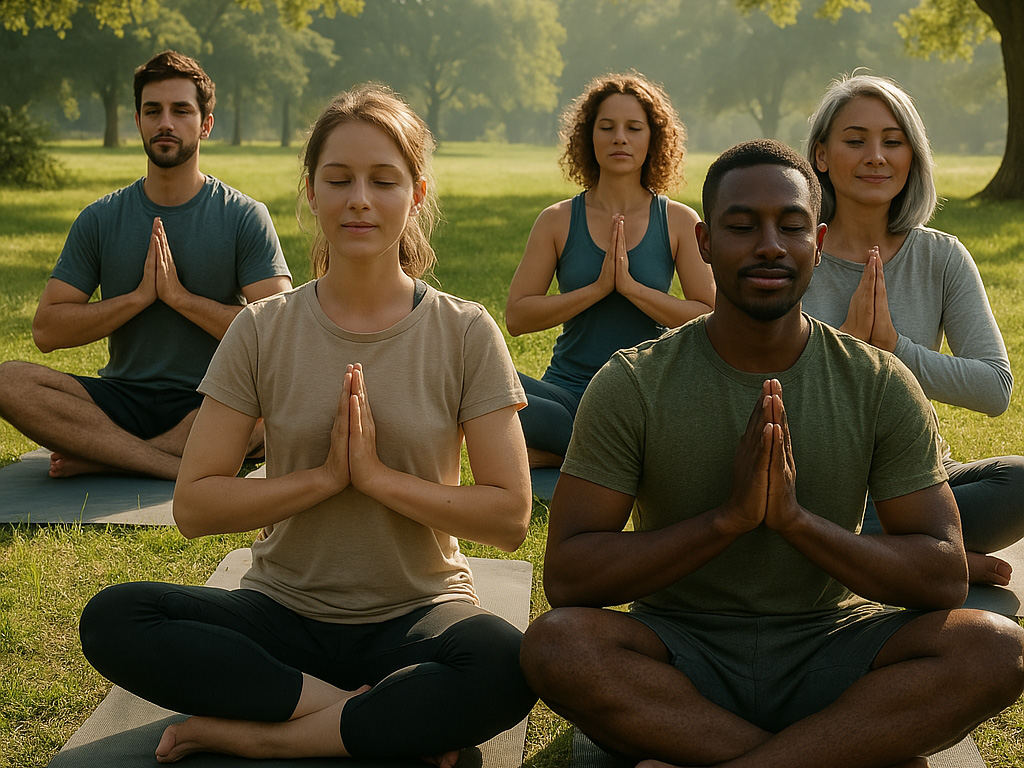 Gruppe der praktiserer yoga udendørs